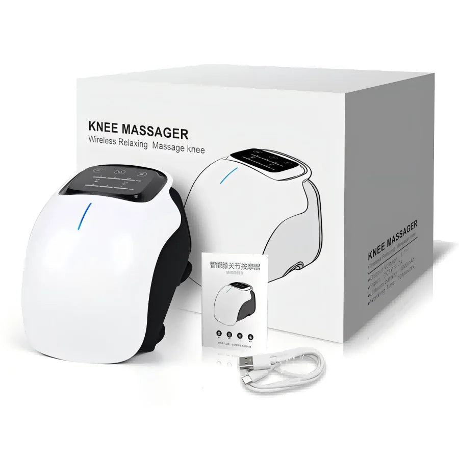 Rodillera NovaWell - Producto con empaque premium, manual de uso y cable de carga USB
