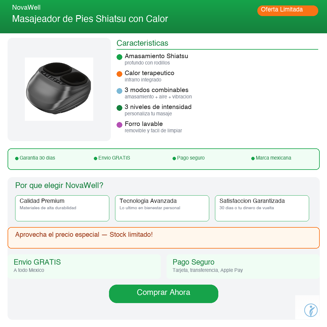 Masajeador Shiatsu de Pies NovaWell - Características