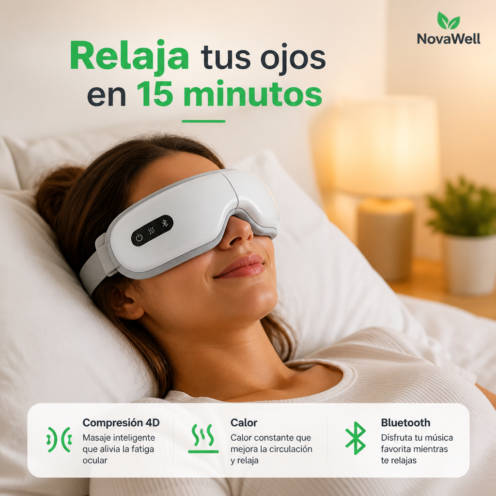 Masajeador de Ojos 4D NovaWell - Mujer relajando ojos con compresión 4D y calor