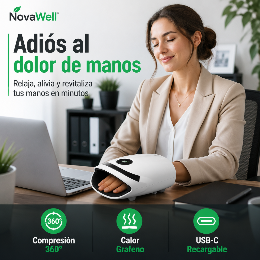 Masajeador de Manos NovaWell - Mujer en oficina aliviando dolor de manos